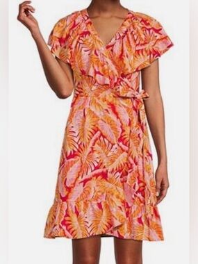 NWT!! Gibson Latimer || Tropical Wrap Dress in Pink & Orange